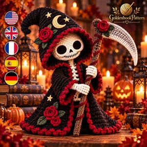 Op de afbeelding: Een gehaakt skeletfiguur in een zwarte mantel met capuchon, versierd met rode rozenapplicaties, een gele maansikkel en sterren. Het figuur houdt een gehaakte zeis vast met een grijs blad en een rode roos. De tekst GoldenhookPattern is zichtbaar.
