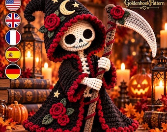 Grim Reaper Crochet Pattern PDF, Gothic Skeleton Amigurumi Doll with Scythe, Moonlit Rose Halloween Decor, Digital Tutorial