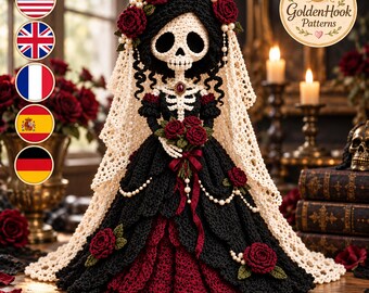 Skeleton Bride Crochet Pattern, Gothic Amigurumi Doll PDF, Halloween Wedding Decor, Crimson Rose Skeleton Bride Digital Pattern