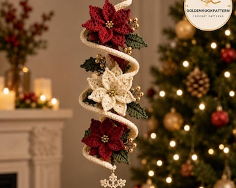 Christmas Poinsettia Spiral Crochet Pattern PDF, Floral Hanging Ornament, Snowflake Holiday Decor, Christmas Home Decoration