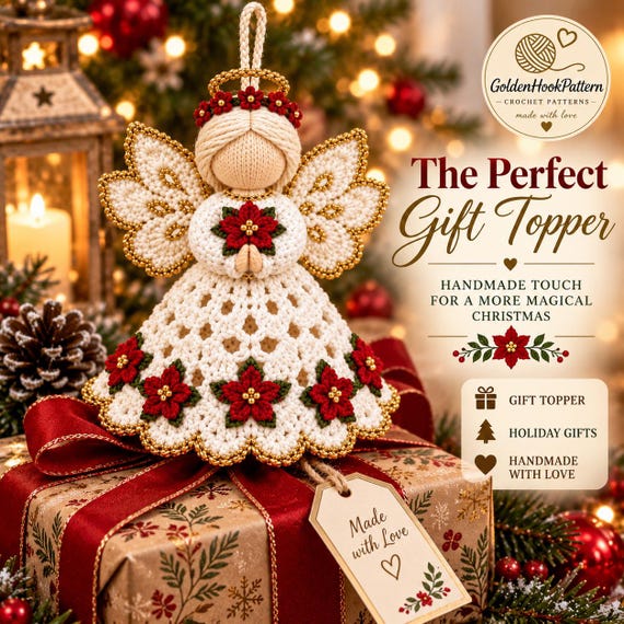 Christmas Angel Crochet Pattern, Poinsettia Ornament with Lace Wings, Holiday Tree Decor, Gift Topper and Tabletop Decor PDF