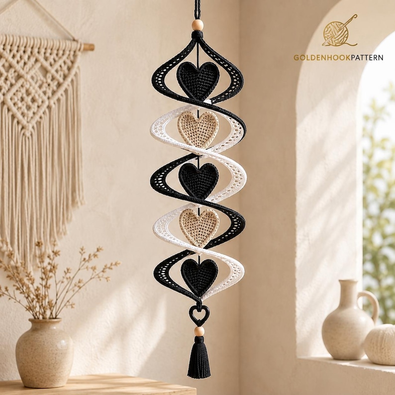 May include: A vertical hanging decoration featuring a spiral structure made of black and white crocheted yarn. The spiral contains five alternating heart-shaped motifs in black and beige. A wooden bead and a black tassel hang from the bottom.