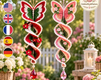 Crochet Butterfly Wind Spinner Pattern PDF, Butterfly Blossom Spiral Hanging Decor, Garden Ornament, Floral Crochet Pattern Download