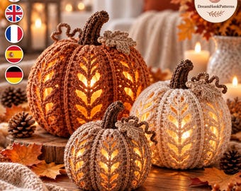 Crochet Pumpkin Lantern Pattern PDF, Autumn Glow Lighted Pumpkin Trio, 3 Sizes Fall Home Decor, Thanksgiving Table Centerpiece