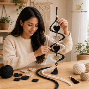 May include: A vertical hanging decoration featuring a spiral structure with alternating black and white crocheted hearts, accented by wooden beads and a black tassel at the bottom. Several loose crocheted hearts and yarn balls are on the table.