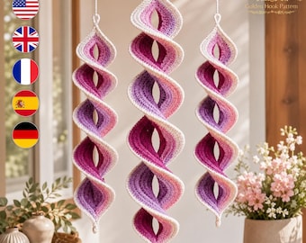 Crochet Wind Spinner Pattern PDF: Blush Plum Petal Lantern Trio