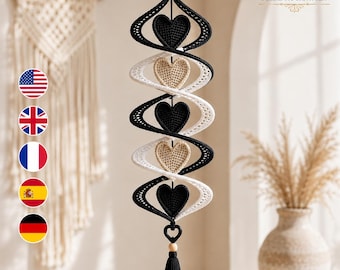 Crochet Heart Wind Spinner Pattern PDF, Double Helix Hanging Decor, Five Heart Spiral Ornament, Boho Window Crochet Digital Pattern