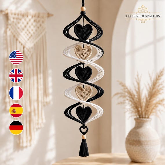 Crochet Heart Wind Spinner Pattern PDF, Double Helix Hanging Decor, Five Heart Spiral Ornament, Boho Window Crochet Digital Pattern