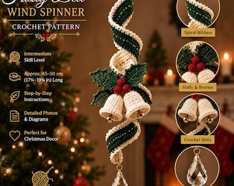 Holly Bell Crochet Wind Spinner Pattern PDF, Christmas Spiral Hanging Ornament, Festive Holiday Decor, Intermediate Crochet Tutorial