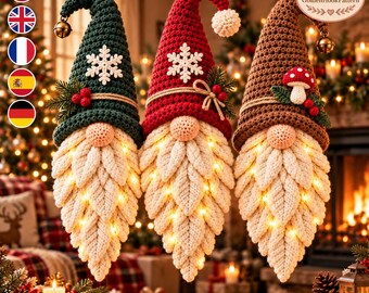 Christmas Gnome Crochet Pattern PDF, Light-Up Hanging Trio, Scandinavian Holiday Decoration, Glowing Beard Ornament Set for Home Decor