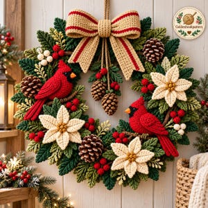 May include: A decorative holiday wreath featuring two crocheted red cardinals, cream-colored poinsettia flowers, brown pinecones, and clusters of red berries. A large beige and red striped crocheted bow sits at the top, with a hanging rope.
