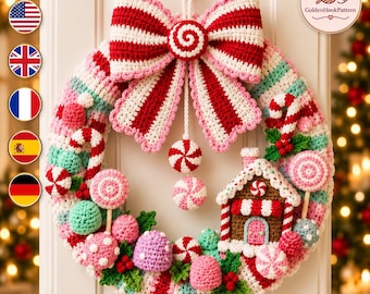 Christmas Wreath Crochet Pattern PDF, Peppermint Candyland Gingerbread House Wreath, Candy Cane Holiday Door Decor Digital Pattern
