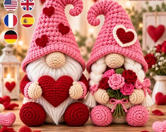 Valentine Gnome Crochet Pattern, Love Couple Gnomes with Heart & Roses, Amigurumi PDF, Romantic Home Decor Digital Pattern