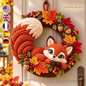 Autumn Fox Wreath Crochet Pattern, Woodland Fall Door Decor, Maple Leaves, Acorns and Berries, Illustrated Digital Tutorial