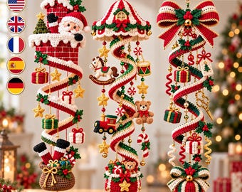 Christmas Spiral Ornament Crochet Pattern PDF, Santa Chimney, Toy Canopy and Bow Bauble Trio, Hanging Holiday Decor,