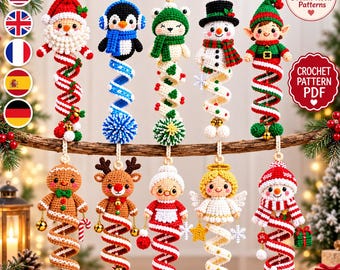 Christmas Spiral Ornament Crochet Pattern, 10 Festive Characters PDF Bundle, Santa Snowman Elf Reindeer Angel Holiday Decor