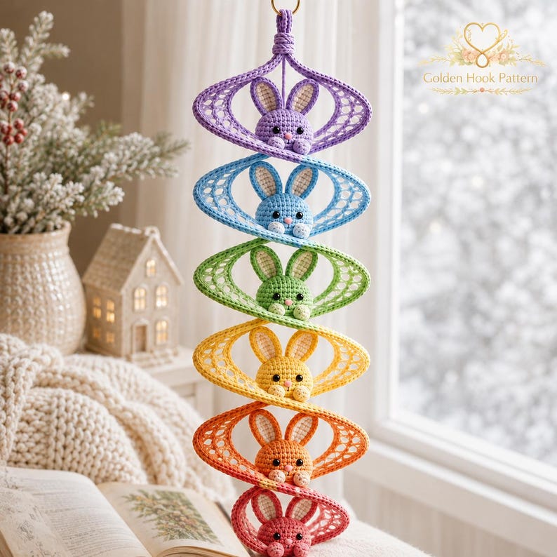 Corhcte Rabbits Pattern Crochet Bunny Wind Spinner Pattern PDF, Rainbow Christmas Rabbit Helix ...