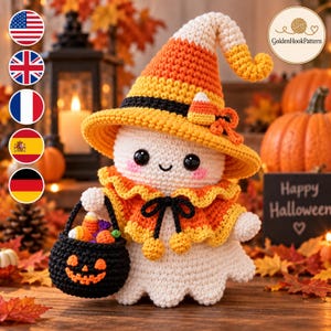 May include: A white crocheted ghost figurine wearing a tall orange, yellow, and white candy corn hat with a black band and a small candy corn accent. The ghost wears an orange and yellow ruffled cape with a black bow and holds a black jack-o'-lantern basket.