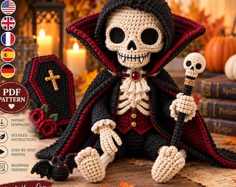 Skeleton Vampire Crochet Pattern PDF, Gothic Halloween Amigurumi Doll with Skull Staff, Crimson Cape Decor and Spooky Display