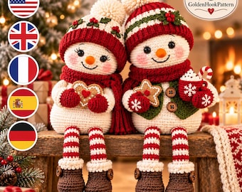 Christmas Snowman Crochet Pattern PDF, Cozy Snowman Couple Shelf Sitter, Gingerbread Holiday Decor, Long Leg Amigurumi Dolls