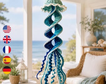 May include: A hanging crochet jellyfish decoration featuring a spiral body in shades of teal, turquoise, and navy blue. The top is a light green dome with a white ruffled edge, and the bottom has long, curly tentacles in blue and white yarn.