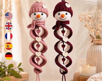 Crochet Snowman Wind Spinner Pattern PDF, Sweetheart Snow Couple Spiral Hanging Decor, Valentine Winter Ornament Crochet Tutorial