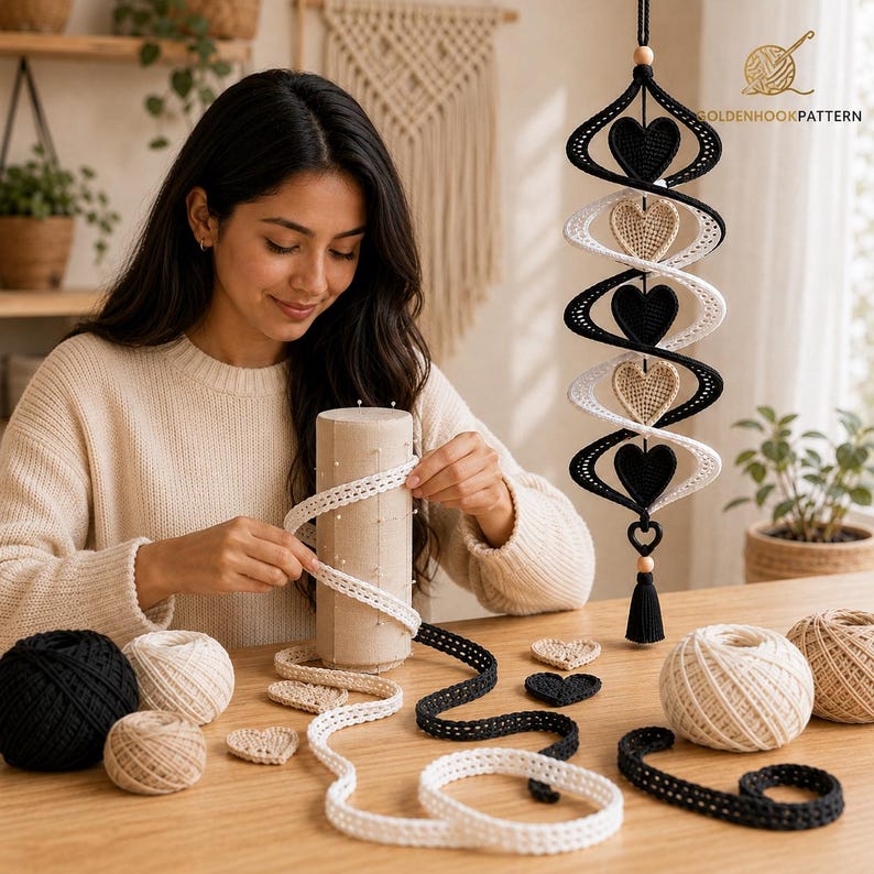 May include: A hanging crochet spiral mobile featuring alternating black and cream-colored hearts. The mobile is suspended by a black cord with a wooden bead and a black tassel at the bottom. Several balls of yarn and loose crochet hearts are present.