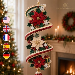 Christmas Crochet Wind Spinner Pattern PDF, Poinsettia Spiral Hanging Ornament, Holiday Helix Decor, Intermediate Crochet Tutorial