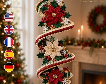 Christmas Crochet Wind Spinner Pattern PDF, Poinsettia Spiral Hanging Ornament, Holiday Helix Decor, Intermediate Crochet Tutorial
