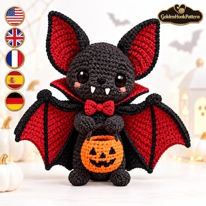 Vampire Bat Crochet Pattern PDF, Halloween Amigurumi Trick or Treater with Pumpkin Bucket, Red Winged Spooky Decor Pattern