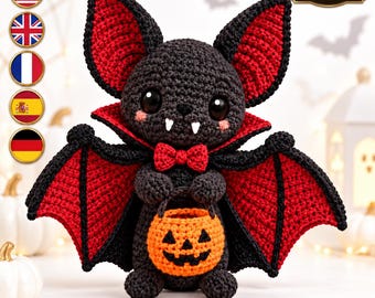 Vampire Bat Crochet Pattern PDF, Halloween Amigurumi Trick or Treater with Pumpkin Bucket, Red Winged Spooky Decor Pattern