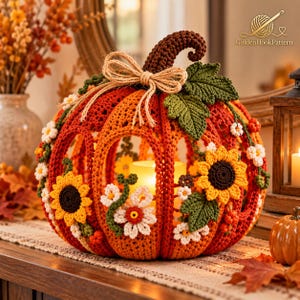 May include: A crocheted pumpkin decoration in shades of orange and red, featuring a brown stem, a jute twine bow, and attached crocheted sunflowers, white daisies, and green leaves. The hollow center contains a glowing yellow candle.