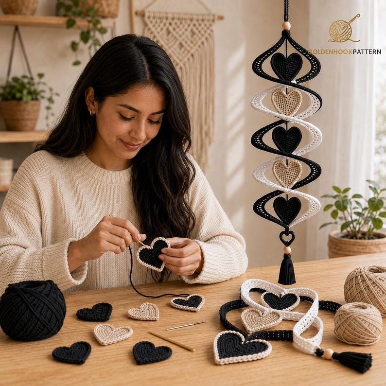 May include: A vertical hanging mobile featuring alternating black and white crocheted hearts connected in a spiral structure, with a black tassel at the bottom. Several loose black and beige crocheted hearts, yarn balls, and a needle are on the table.