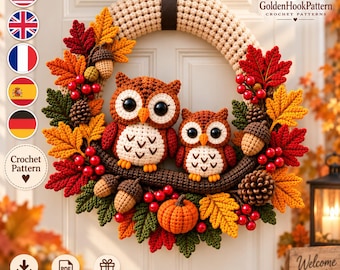 Crochet Autumn Owl Wreath Pattern PDF, Woodland Owl Family with Pumpkin, Berries, Acorns and Leaves, Fall Door Decor Download
