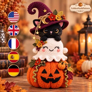 May include: A crochet stack featuring a large orange jack-o'-lantern base, a white ghost with a smiling face in the middle, and a black cat wearing a purple witch hat with a gold crescent moon, star charms, and colorful autumn flowers.