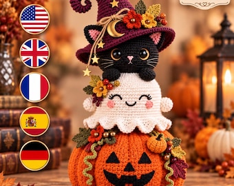 Halloween Crochet Pattern, Pumpkin Ghost Black Cat Stack, Witch Hat Amigurumi PDF, Spooky Fall Home Decor Digital Download