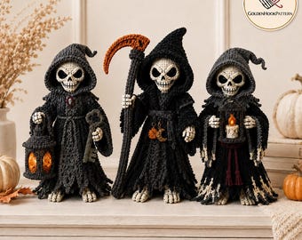 Grim Reaper Crochet Pattern Bundle, 3-Doll Gothic Skeleton Amigurumi Set with Scythe, Lantern, Candle, Halloween PDF Download