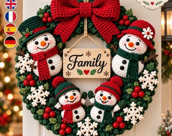 Crochet Snowman Family Wreath Pattern PDF, Christmas Door Decor with 4 Snowmen, Illustrated Holiday Pattern in 4 Languages
