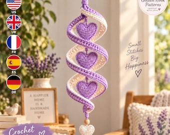 Crochet Wind Spinner Pattern PDF, Lavender Heart Helix Hanging Decor, Spiral Window Ornament, Romantic Home Decor Crochet Pattern