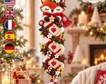 Christmas Fox Crochet Wind Spinner Pattern PDF, Spiral Hanging Ornament with Butterflies, Hearts & Holly, Holiday Wall Decor