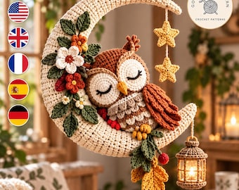 Crochet Owl Wall Hanging Pattern PDF, Crescent Moon Owl Decor, Floral Woodland Home Décor, Celestial Nursery Digital Download