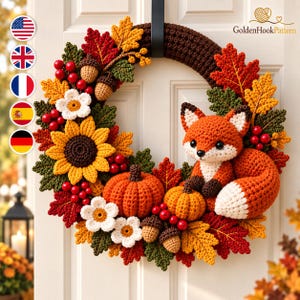 Crochet Autumn Wreath Pattern PDF, Woodland Fox with Pumpkins, Sunflower, Acorns and Leaves, Fall Door Decor Digital Download