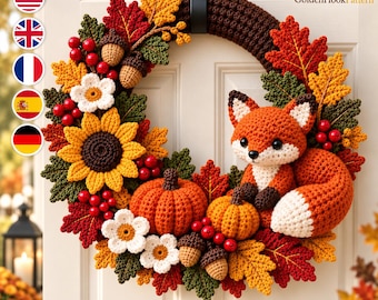 Crochet Autumn Wreath Pattern PDF, Woodland Fox with Pumpkins, Sunflower, Acorns and Leaves, Fall Door Decor Digital Download