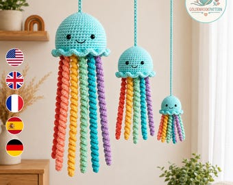 Rainbow Jellyfish Wind Spinner Crochet Pattern PDF, 3 Sizes Hanging Ocean Decor, Colorful Nursery Jellyfish Family Digital Pattern