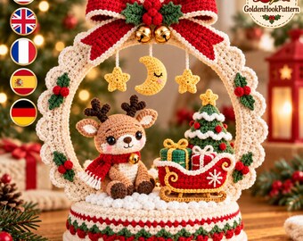 Christmas Wreath Crochet Pattern, Reindeer Amigurumi Scene PDF, Freestanding Holiday Tabletop Decor, Digital Crochet Pattern