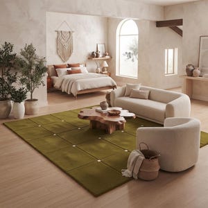Olive Green Area  Modern Grid Pattern Carpet, Minimalist Geometric, Contemporary Living Room Décor, Custom Tufted Carpet