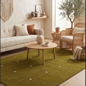 Olive Green Area  Modern Grid Pattern Carpet, Minimalist Geometric, Contemporary Living Room Décor, Custom Tufted Carpet