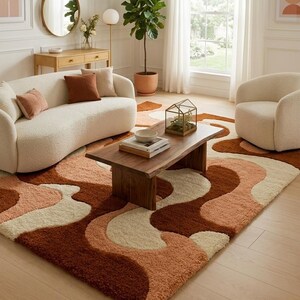 Handgetuft abstract vloerkleed, roestbruin, roze en crèmekleurig vloerkleed, organisch gevormd tapijt, modern boho handgemaakt tapijt, eigentijdse woondecoratie