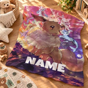 Personalized Eevee Evolutions Blanket, Custom Name Eevee Family Throw, Pokemon Fleece Blanket, Anime Gift, Kids Bedroom Decor