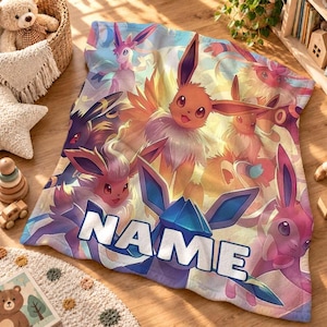 Personalized Eevee Evolutions Blanket, Custom Name Pokemon Throw, Eevee Family Fleece Blanket, Anime Kids Gift, Bedroom Decor